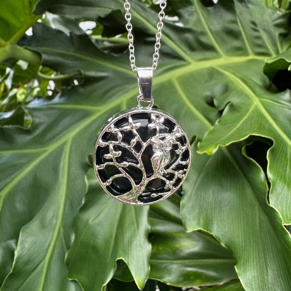 Silver Owl Tree of Life Pendant Necklace - Black Inlay